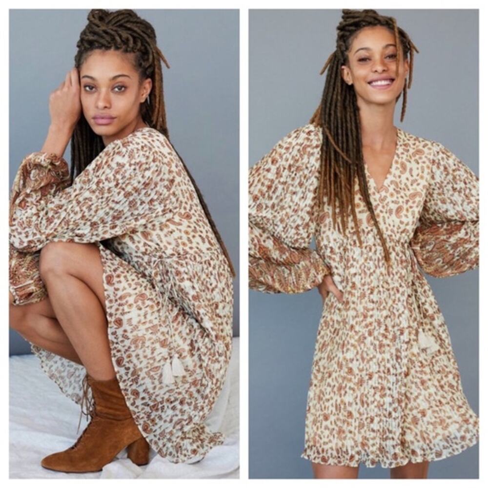 Anthropologie Let Me Be Shyla Dress Womens Medium Beige Wrap Pleated Boho
